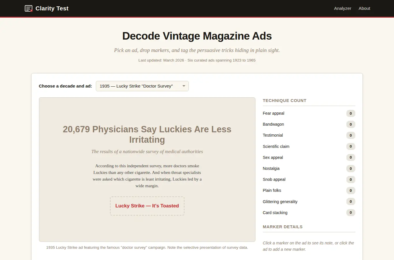 Screenshot of Old School Magazine Clarity Test interface showing the project page in use